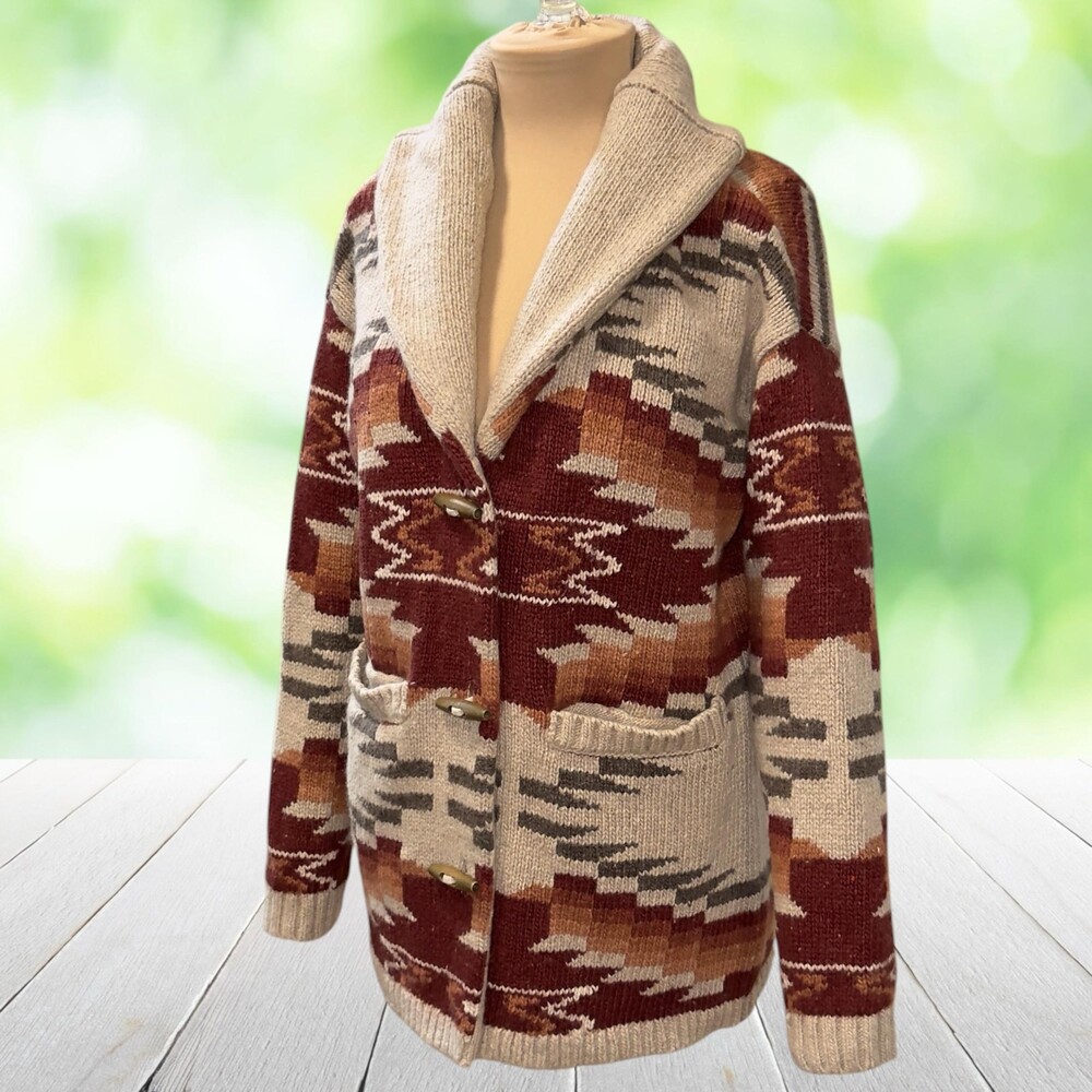 FAHERTY x Thunder Voice Hat Co Cardigan Sweater Aztec Toggle Wool Blend Womens M